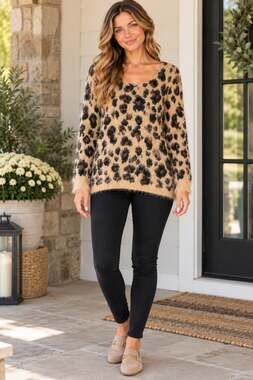NY Collection Fuzzy Leopard Print Sweater Beige Black Animal Print Medium